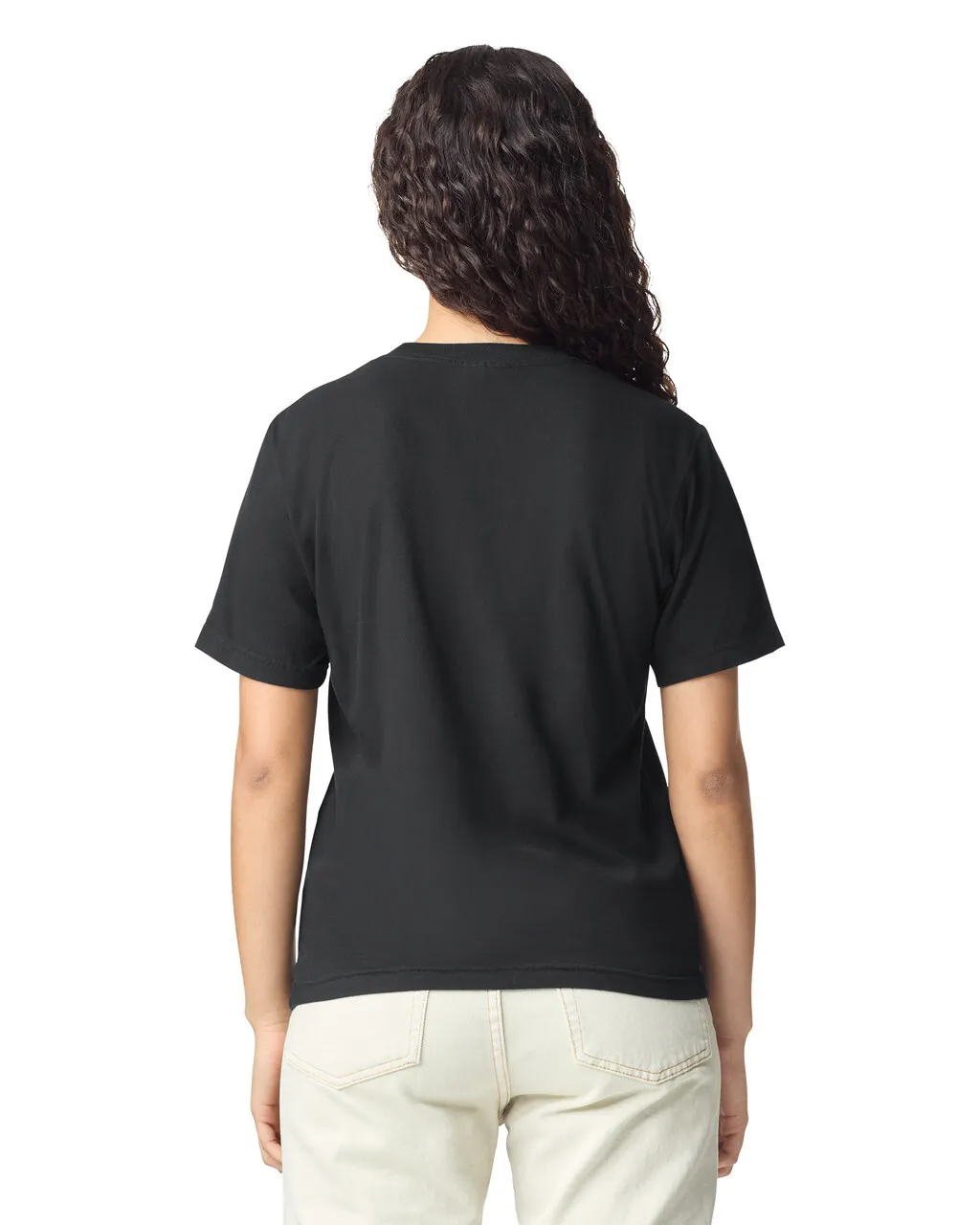 Back view of woman wearing black Comfort Heavyweight T-shirt 