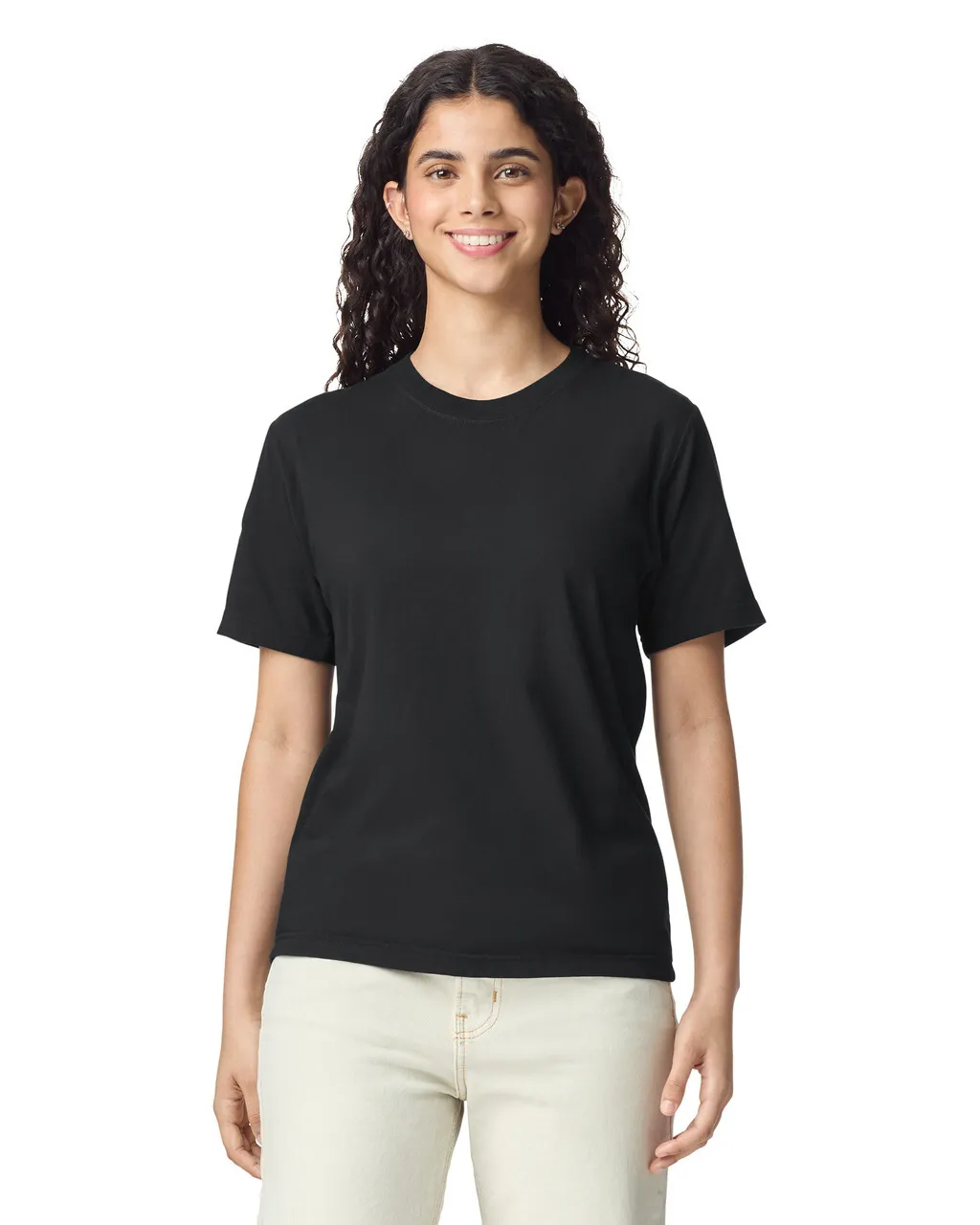 Front view of woman wearing black Comfort Heavyweight T-shirt 