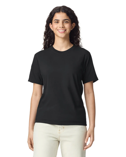Front view of woman wearing black Comfort Heavyweight T-shirt 