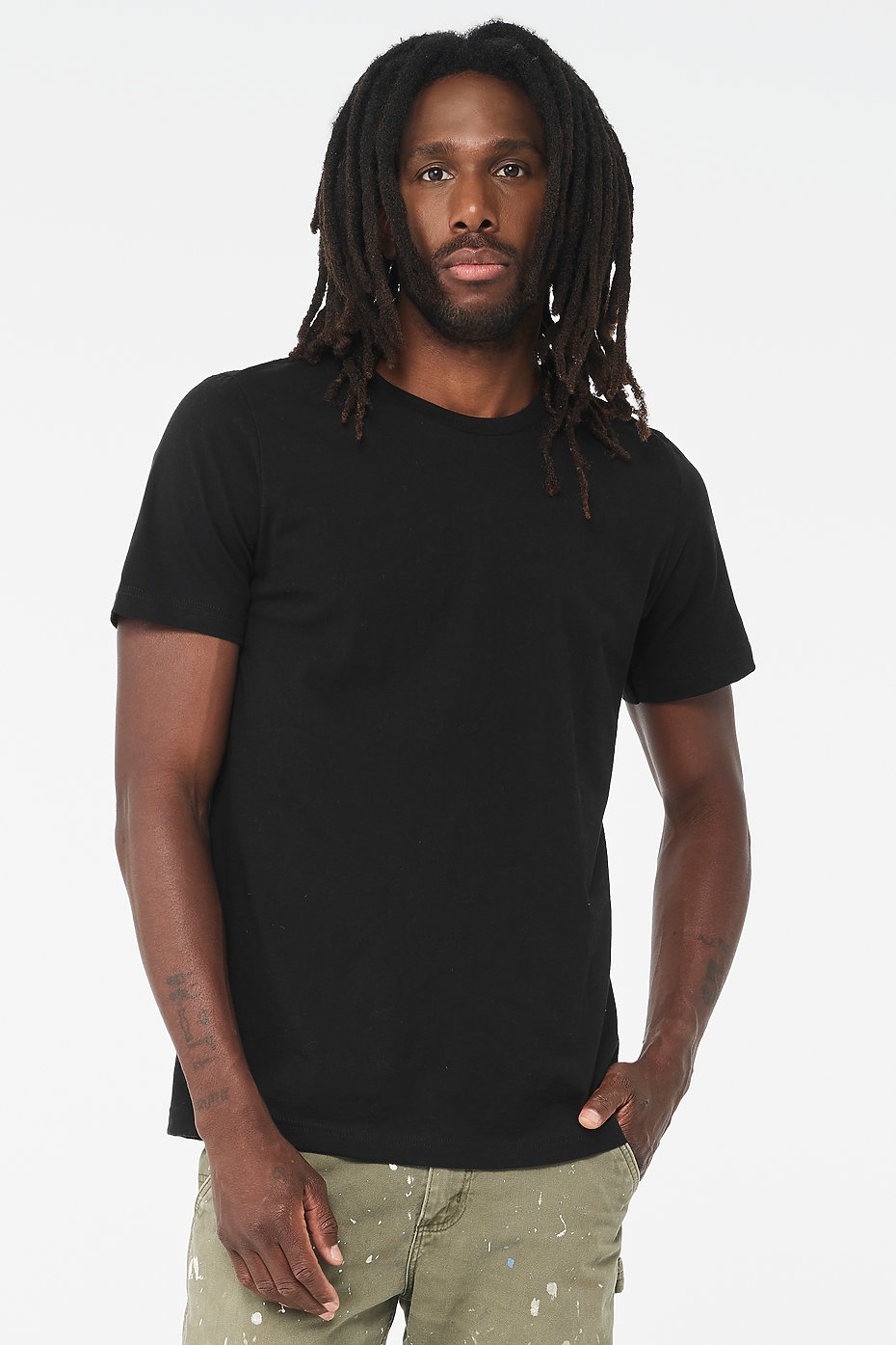 Front view of man wearing black Premium Soft T-shirt 