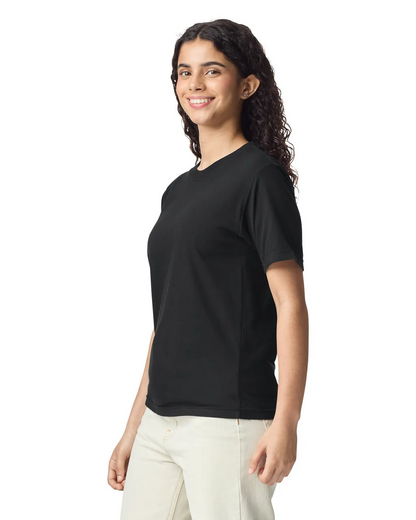 Side view of woman wearing black Comfort Heavyweight T-shirt 