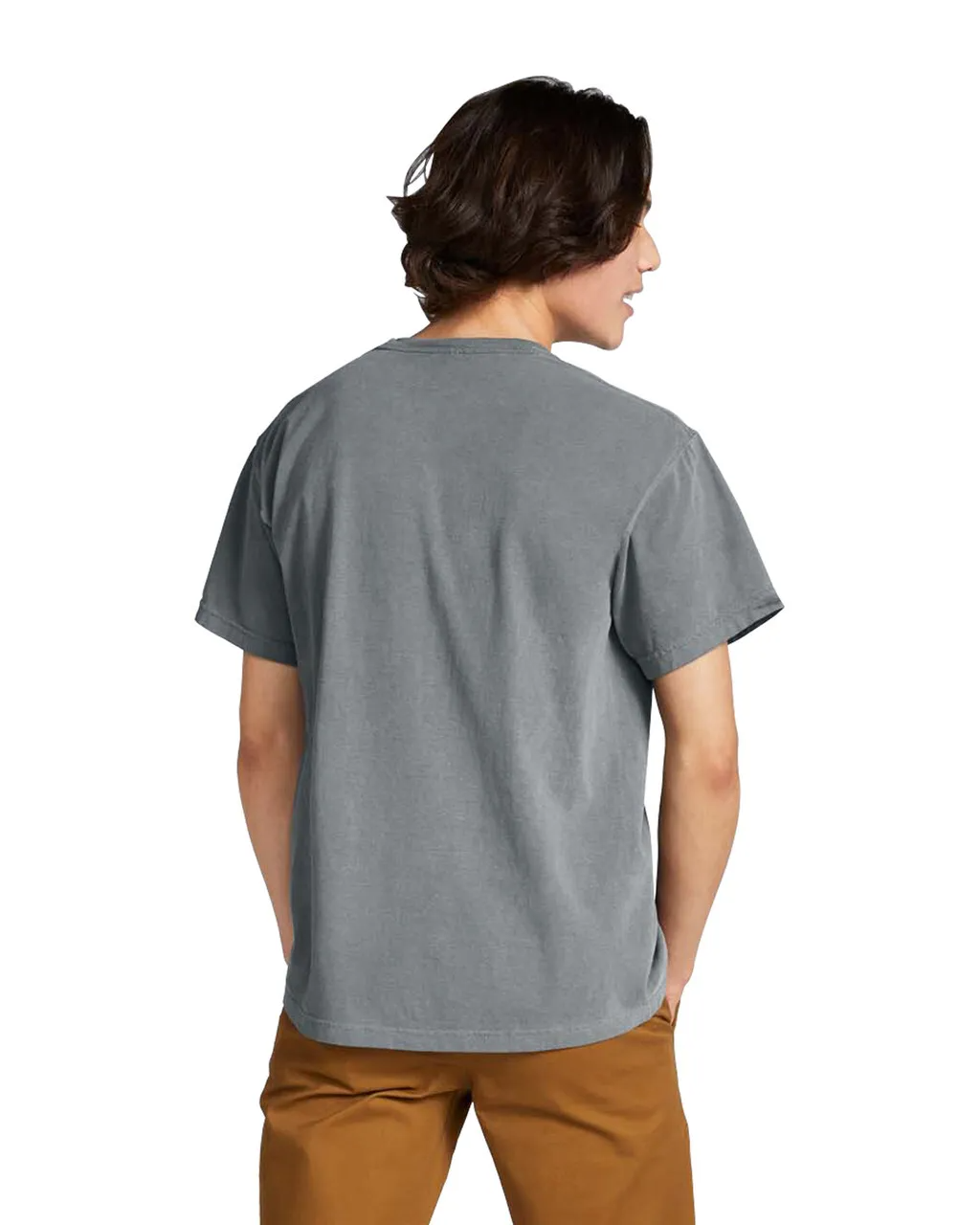 Back view of man wearing grey Comfort Heavyweight T-shirt 