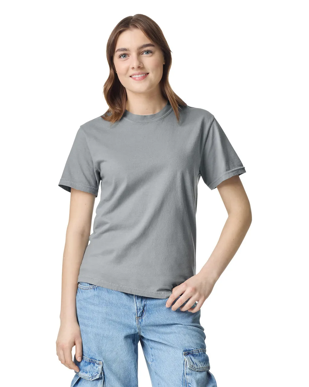Front view of woman wearing grey Comfort Heavyweight T-shirt 