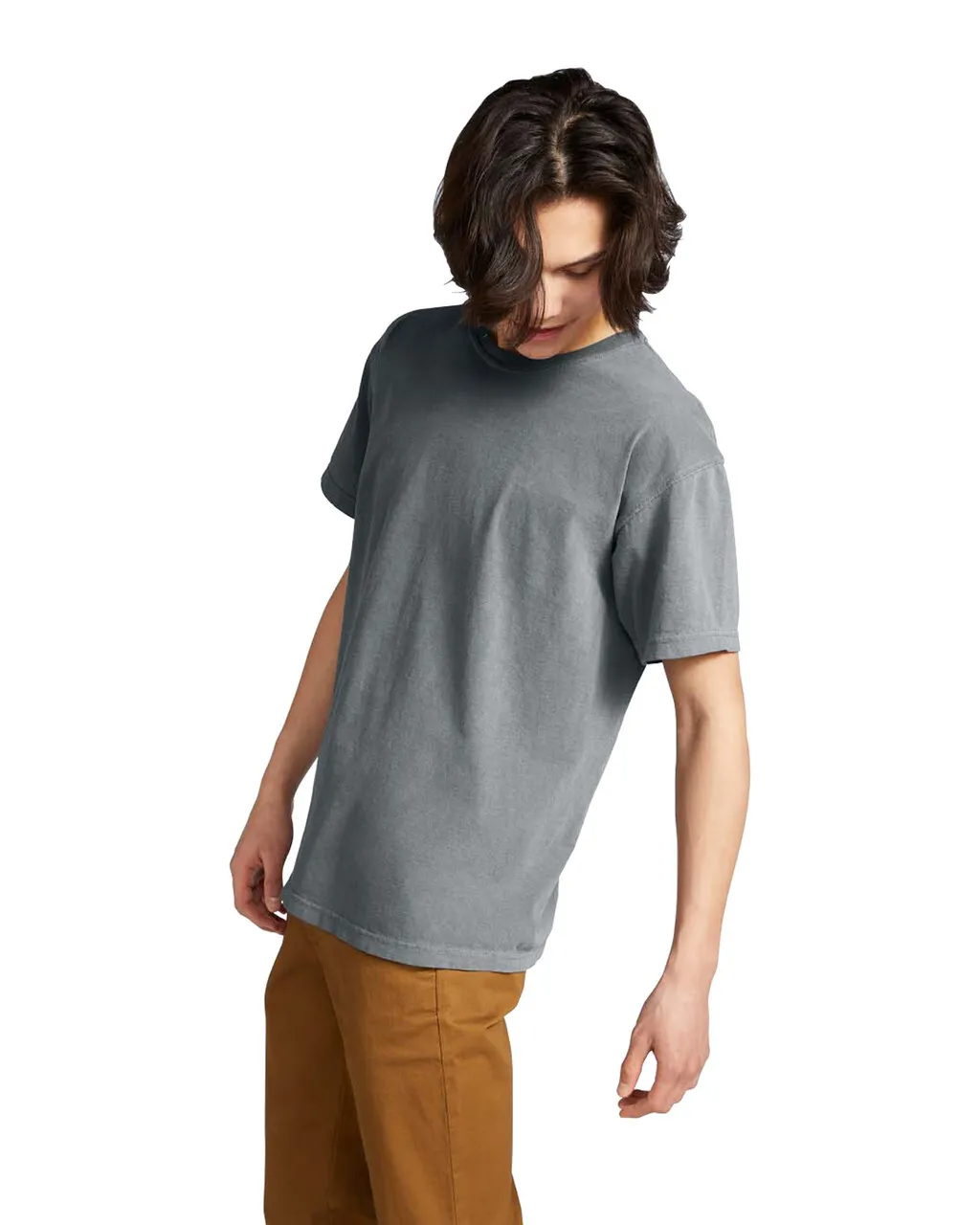 Side view of man wearing grey Comfort Heavyweight T-shirt 