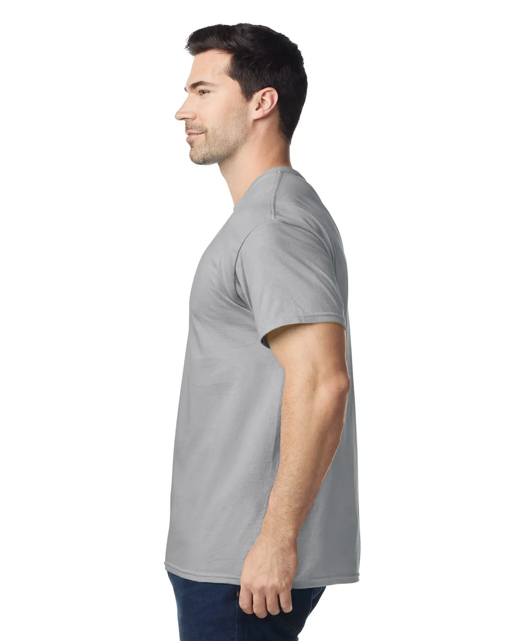 Side view of man wearing grey Standard Basic T-shirt 