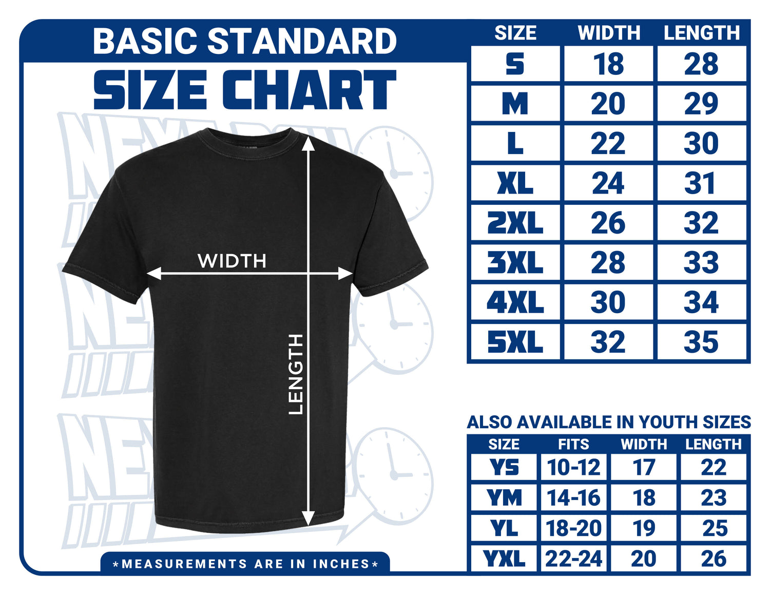 Standard Basic t-shirt size chart