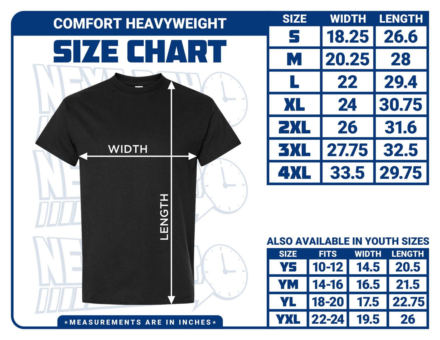 Comfort Heavyweight t-shirt size chart
