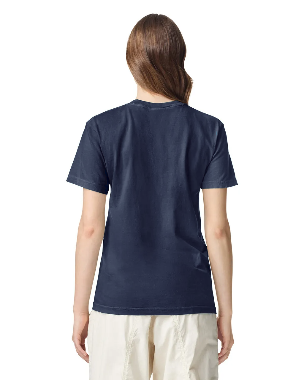 Back view of woman wearing navy blue Comfort Heavyweight T-shirt 