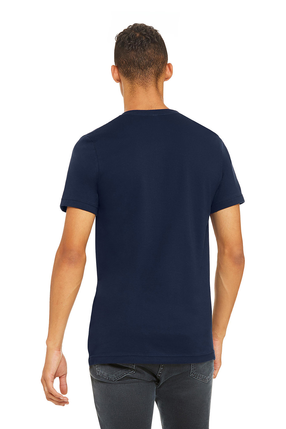 Back view of man wearing navy blue Premium Soft T-shirt 