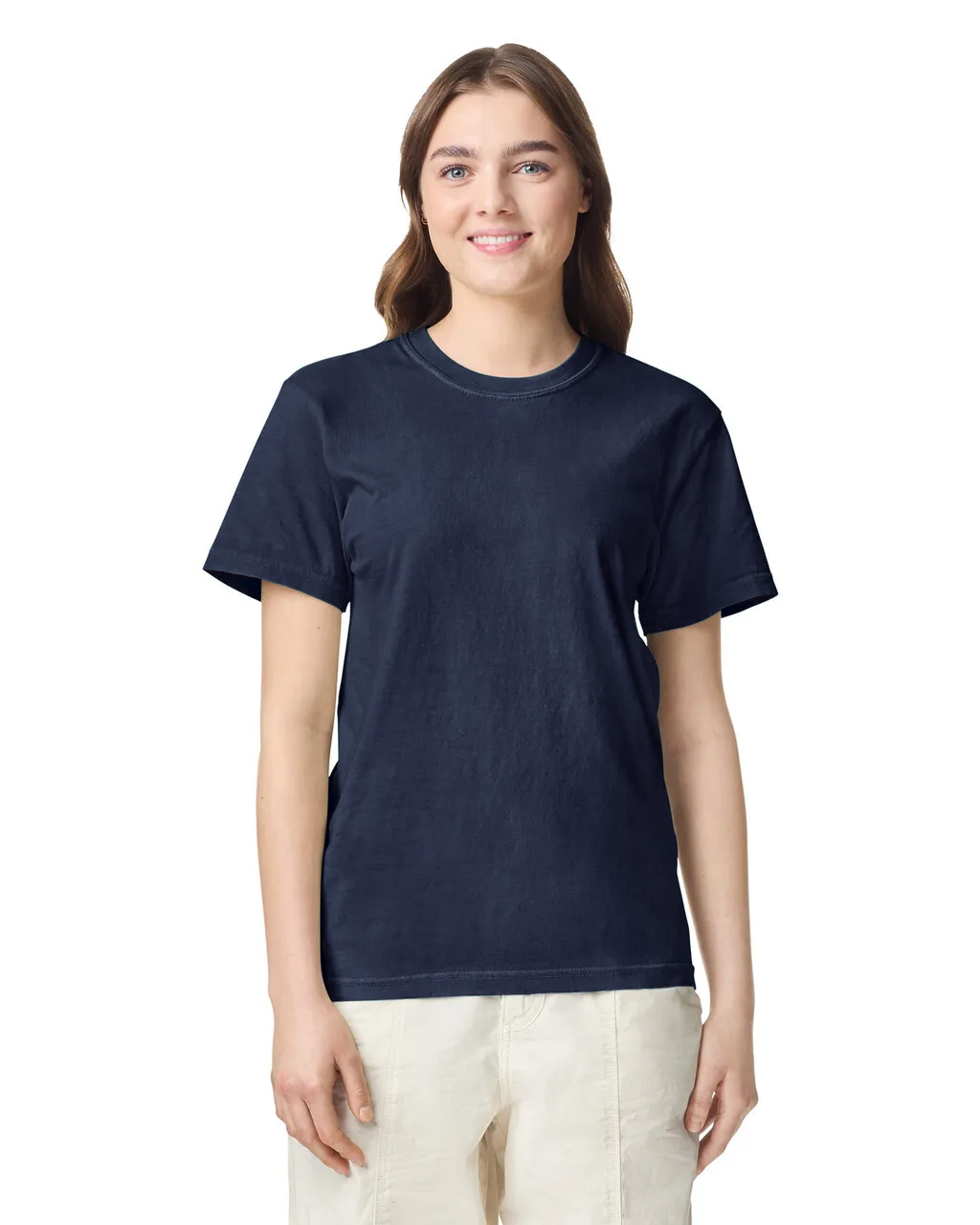 Front view of woman wearing navy blue Comfort Heavyweight T-shirt 