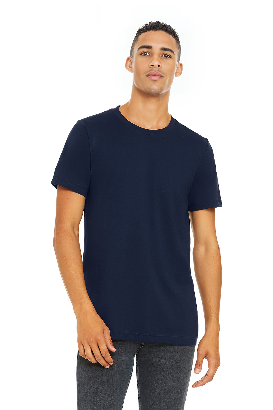 Front view of man wearing navy blue Premium Soft T-shirt 