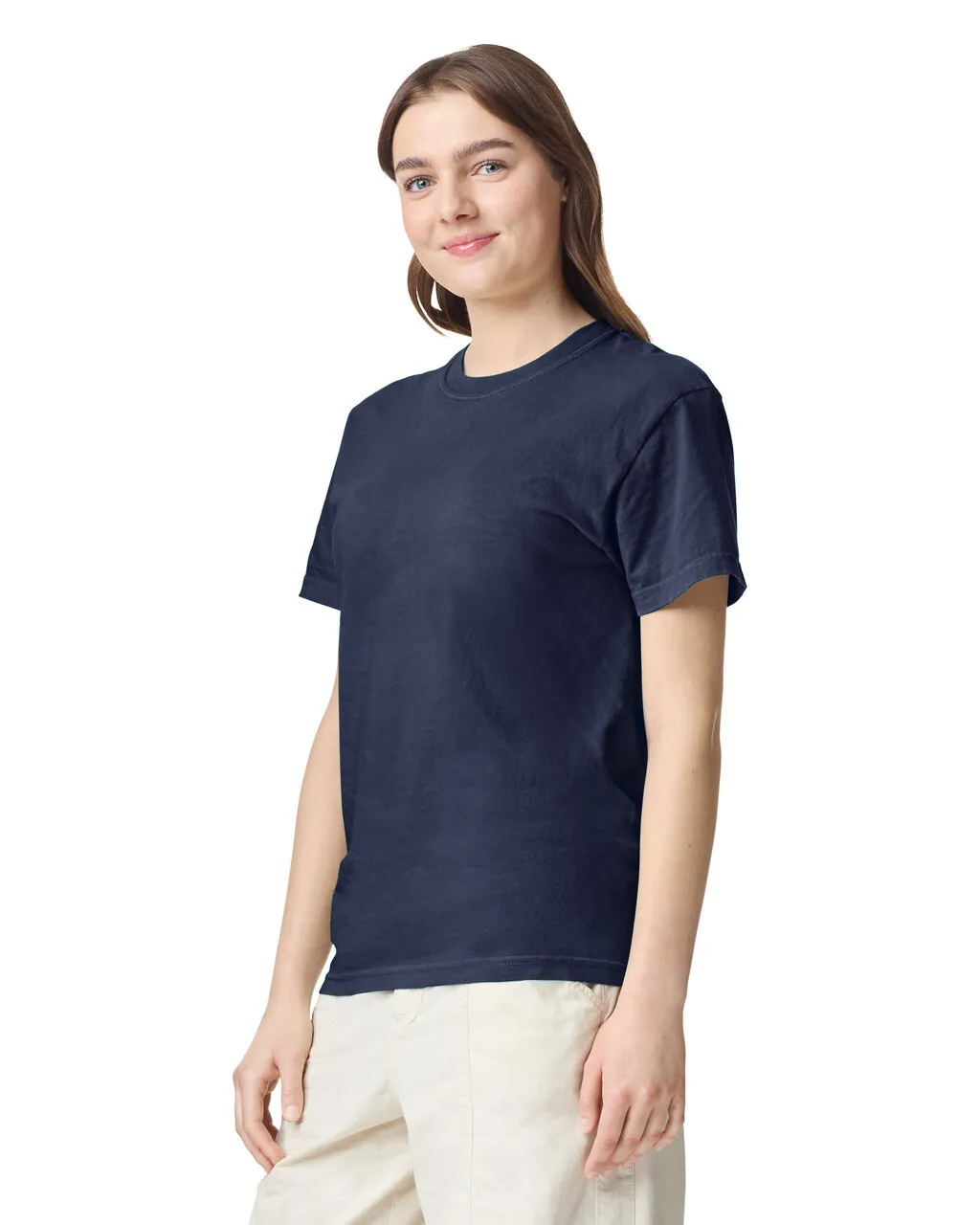 Side view of woman wearing navy blue Comfort Heavyweight T-shirt 