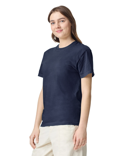 Side view of woman wearing navy blue Comfort Heavyweight T-shirt 