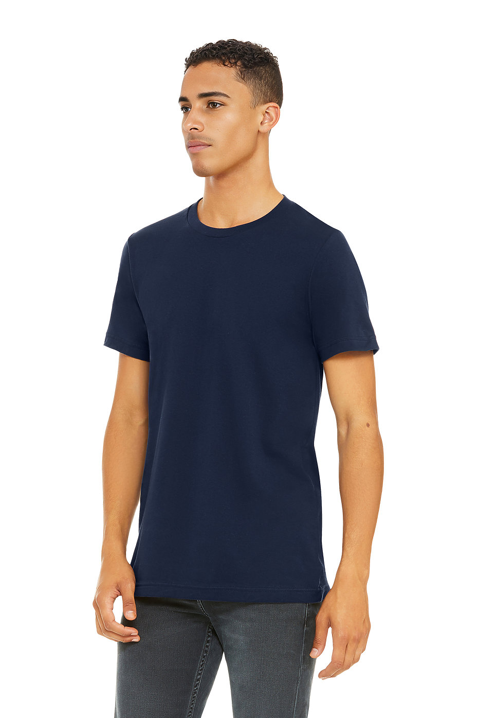Side view of man wearing navy blue Premium Soft T-shirt 