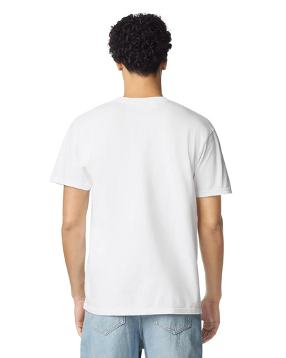 Back view of man wearing white Comfort Heavyweight T-shirt 