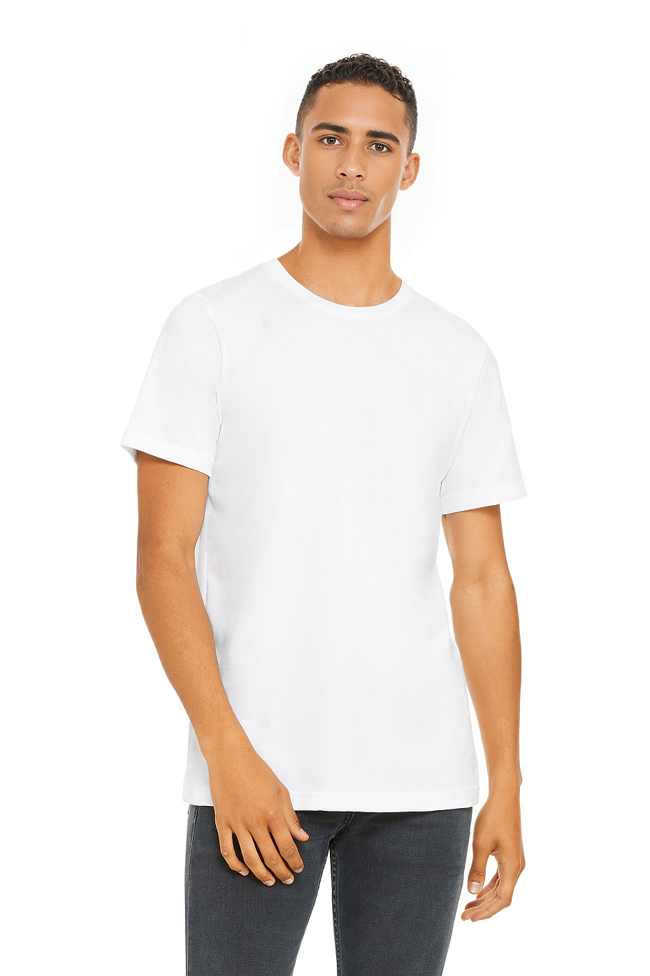 Front view of man wearing white Premium Soft T-shirt 