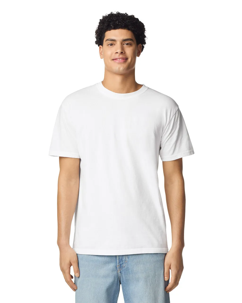 Front view of man wearing white Comfort Heavyweight T-shirt 