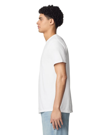 Side view of man wearing white Comfort Heavyweight T-shirt 