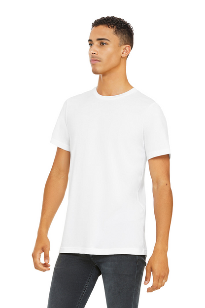 Side view of man wearing white Premium Soft T-shirt 